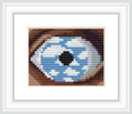 The image features a large eye in a close-up view, with the iris filled with a sky scene of blue and white clouds. The eye is set against a neutral colored background.