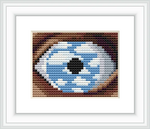 The image features a large eye in a close-up view, with the iris filled with a sky scene of blue and white clouds. The eye is set against a neutral colored background.