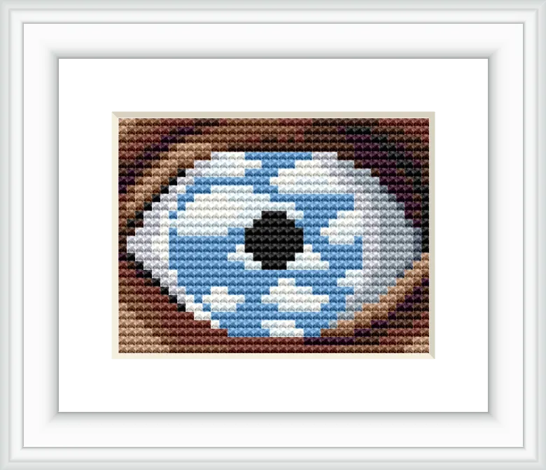 The image features a large eye in a close-up view, with the iris filled with a sky scene of blue and white clouds. The eye is set against a neutral colored background.