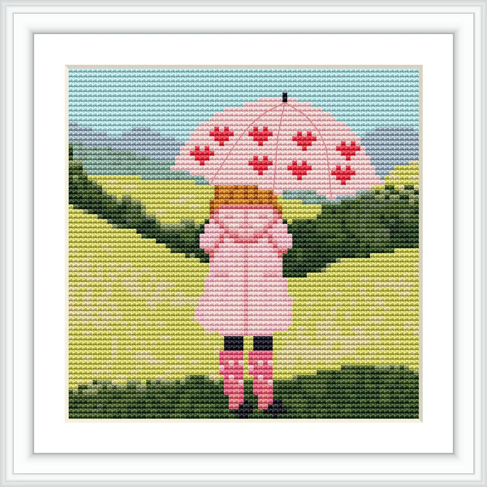 A girl stands with her back to the viewer, holding a pink umbrella with heart patterns in a lush landscape with rolling green hills and a soft blue sky.