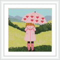 A girl stands with her back to the viewer, holding a pink umbrella with heart patterns in a lush landscape with rolling green hills and a soft blue sky.