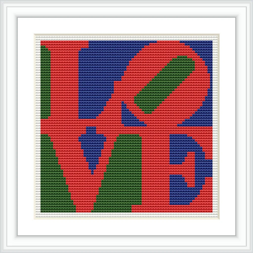 The image features the word 'LOVE' in bold, graphic typography. The letters 'L' and 'O' are stacked on top of the 'V' and 'E' with contrasting colors of red, blue, and green.