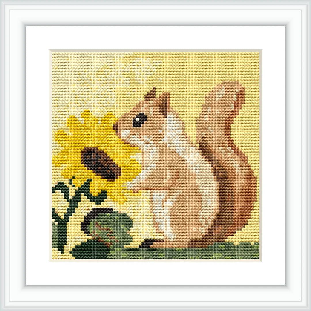 The image shows a squirrel standing on grass, facing a large sunflower. The squirrel is brown and positioned on the right, while the sunflower is yellow and on the left.