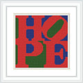 The image contains the word 'HOPE' styled in bold, overlapping letters with a color scheme of red, blue, and green. The design is framed in white.