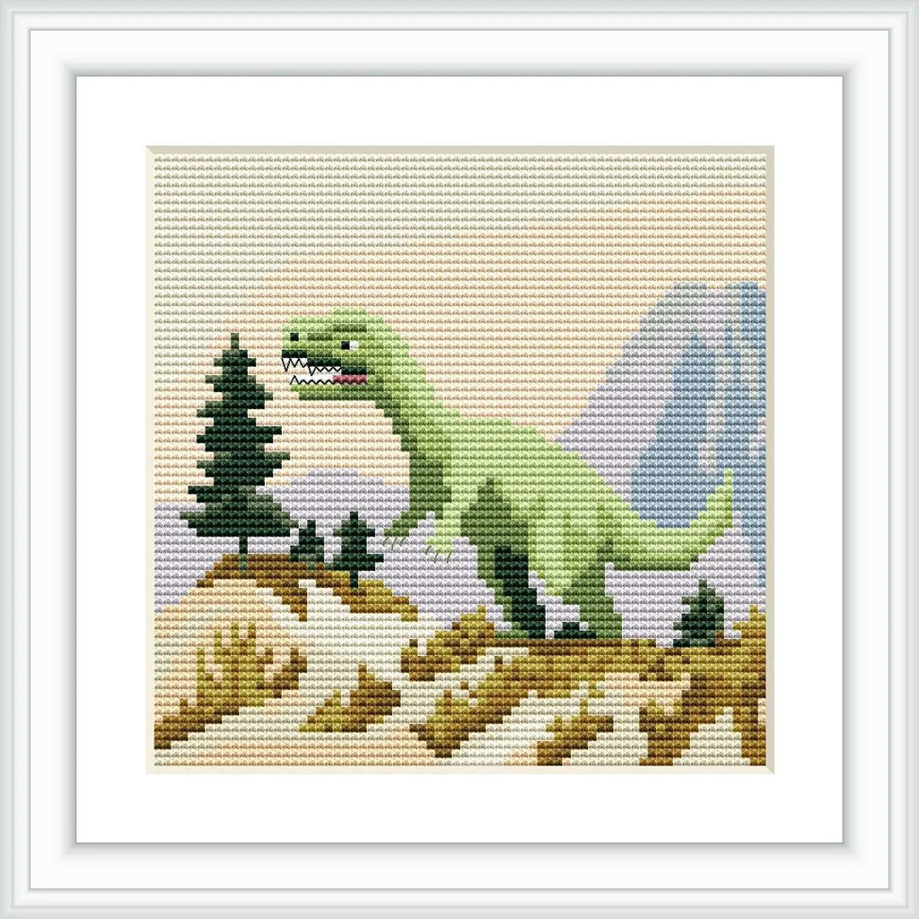 A green dinosaur stands prominently on rocky terrain, surrounded by a few evergreen trees, with distant mountains in the background.