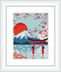 The image depicts Mount Fuji under a red setting sun, with cherry blossoms in the foreground. A red torii gate is visible near a reflective body of water.