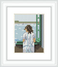 The image depicts a young woman standing at a window, gazing out over a calm sea. The window’s frame is green, and the view includes a distant landscape.