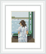 The image depicts a young woman standing at a window, gazing out over a calm sea. The window’s frame is green, and the view includes a distant landscape.