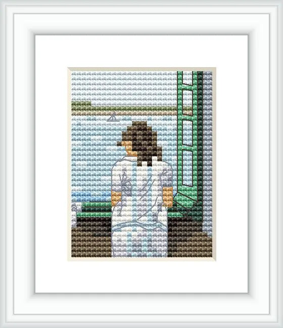 The image depicts a young woman standing at a window, gazing out over a calm sea. The window’s frame is green, and the view includes a distant landscape.