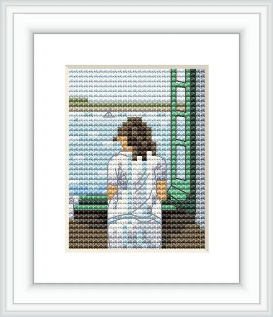 The image depicts a young woman standing at a window, gazing out over a calm sea. The window’s frame is green, and the view includes a distant landscape.