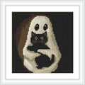 A ghostly figure holding a black cat in the center of the design, against a dark background.