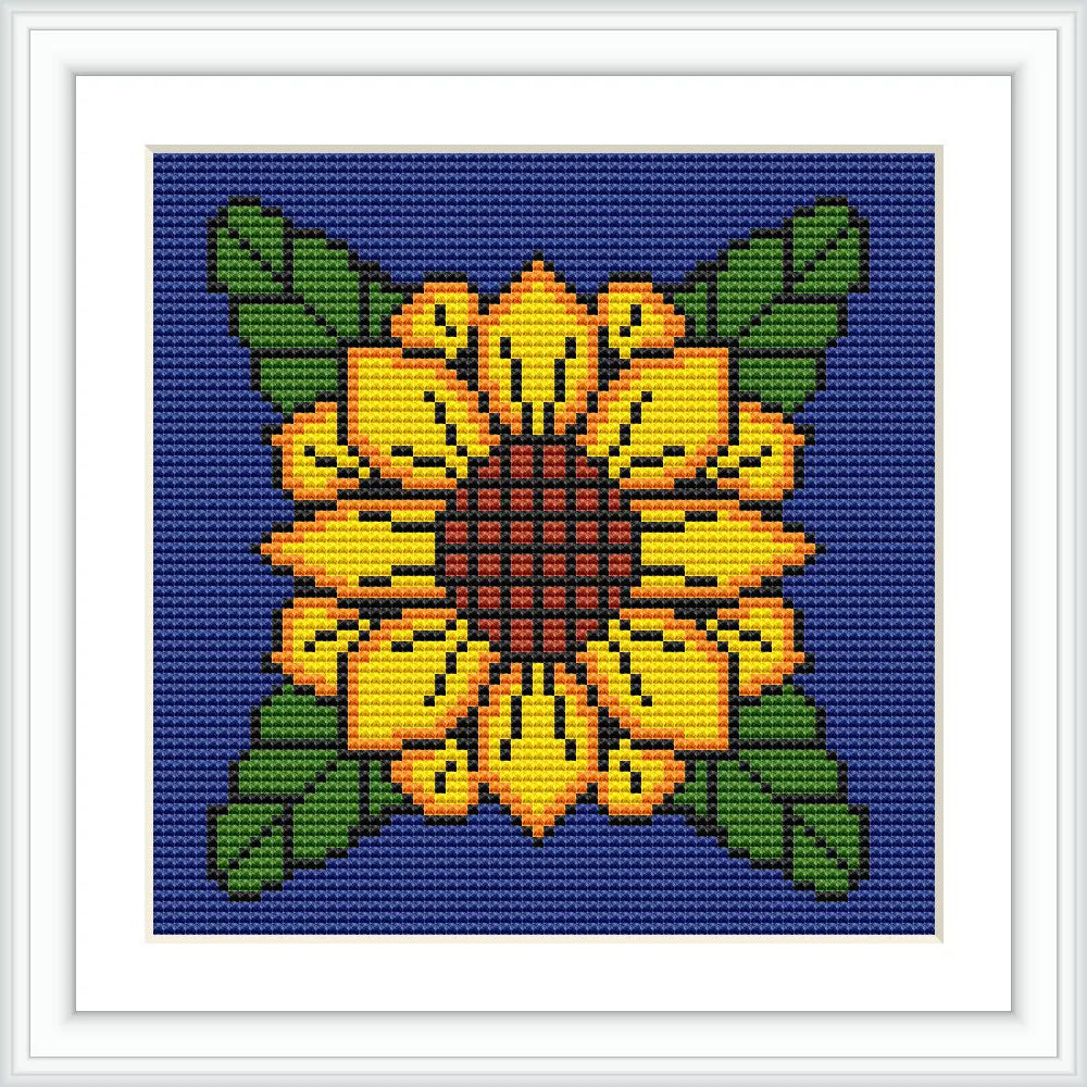 The image features a central sunflower with vivid yellow petals and a brown center, surrounded by green leaves, all set against a deep blue background.