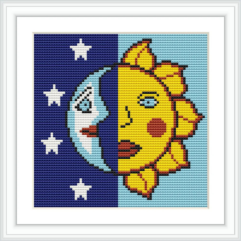 The image shows a sun and moon motif, divided symmetrically in the center. The left side features a crescent moon on a dark blue background with stars. The right side showcases a stylized sun with rays on a light blue background.