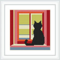This image shows a black silhouette of a cat sitting on the windowsill, facing outward, framed by a brightly colored window with vertical stripes of red, yellow, and blue.