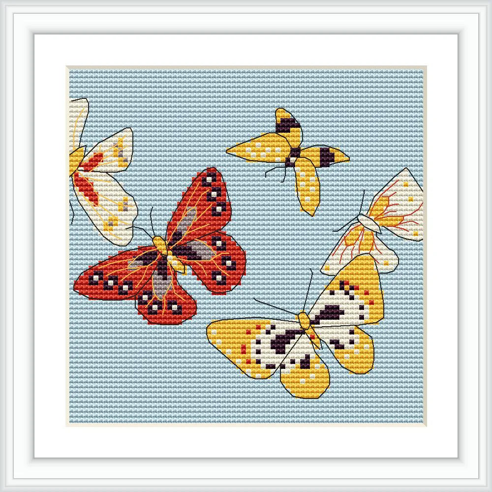 The image features a group of butterflies in varying colors, flying against a pastel blue background. The butterflies are positioned dynamically with their wings spread gracefully.