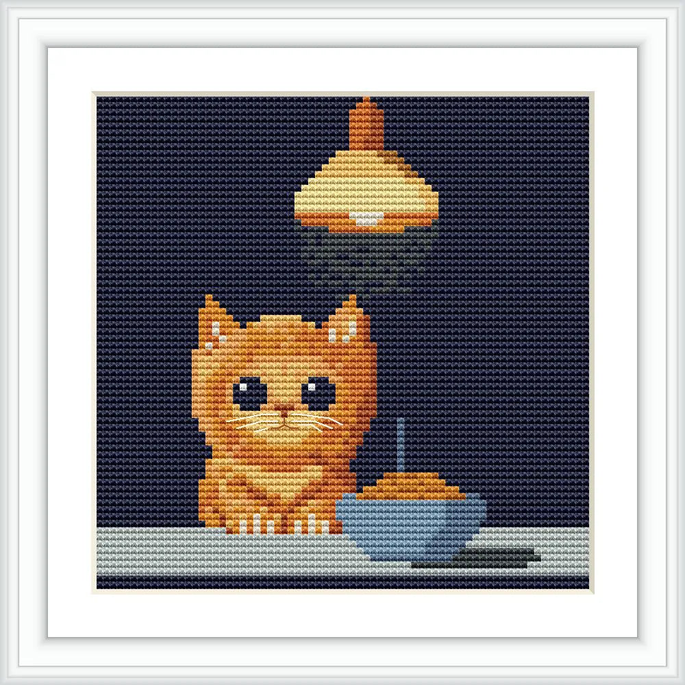 The scene features a cute orange cat sitting on a table. Above the cat hangs a light fixture casting a warm glow. A bowl is placed beside the cat.