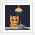 The scene features a cute orange cat sitting on a table. Above the cat hangs a light fixture casting a warm glow. A bowl is placed beside the cat.