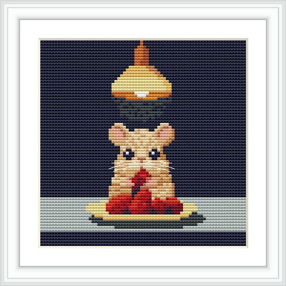 A mouse is sitting on a plate with berries under a hanging lamp, creating a cozy atmosphere.