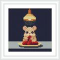 A mouse is sitting on a plate with berries under a hanging lamp, creating a cozy atmosphere.