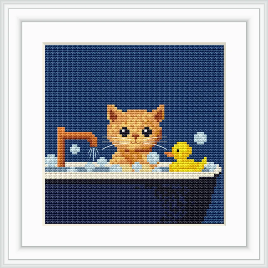 A cute orange kitten is sitting in a bathtub filled with bubbles. A yellow rubber duck is floating nearby. The scene is set against a dark blue background.