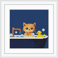 A cute orange kitten is sitting in a bathtub filled with bubbles. A yellow rubber duck is floating nearby. The scene is set against a dark blue background.