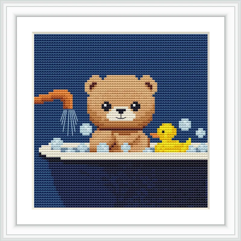 The image shows a cute brown bear sitting in a bathtub filled with bubbles, accompanied by a yellow rubber duck on a dark blue background. Water is pouring from a showerhead on the left.