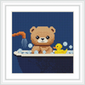 The image shows a cute brown bear sitting in a bathtub filled with bubbles, accompanied by a yellow rubber duck on a dark blue background. Water is pouring from a showerhead on the left.