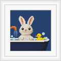 A cute bunny is sitting in a bathtub with bubbles around it, next to a yellow rubber duck. The background is a dark blue, and there is a water faucet pouring water.