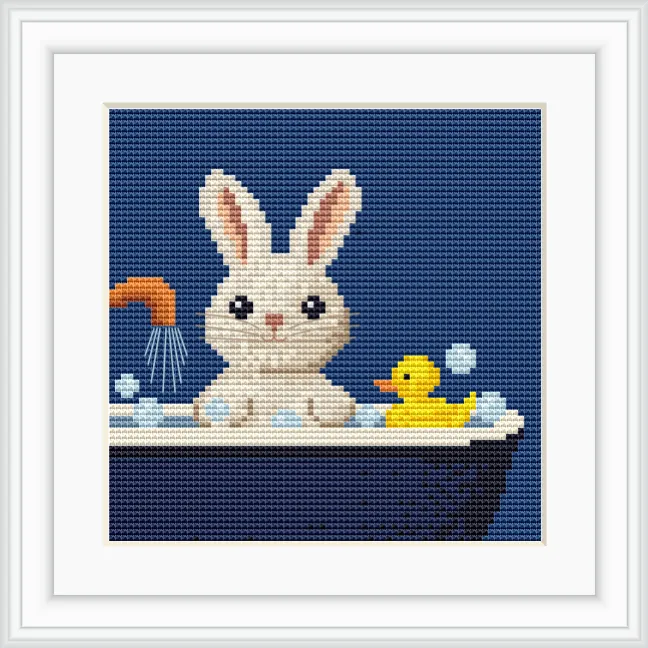 A cute bunny is sitting in a bathtub with bubbles around it, next to a yellow rubber duck. The background is a dark blue, and there is a water faucet pouring water.