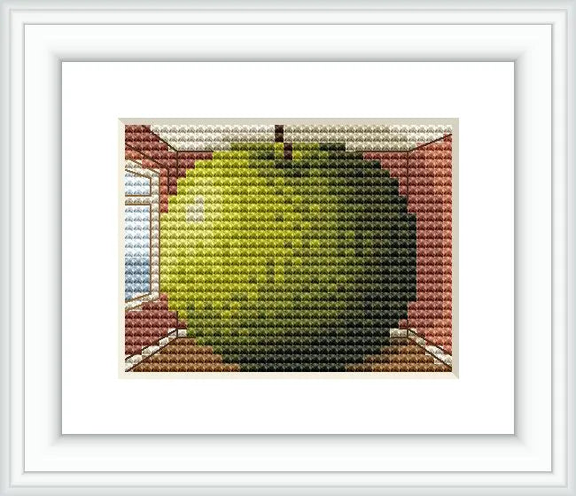 A large green apple fills an entire room, with walls in a warm brown tone. There are two windows, one on each side, letting in light and offering a glimpse of blue sky.