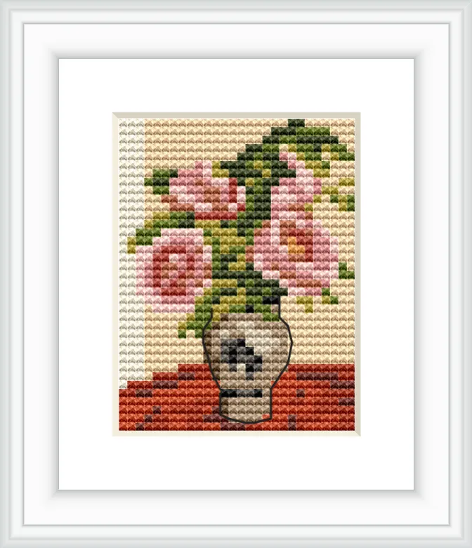 The image depicts a series of pink peonies placed in a simple flower vase on a red surface. The background is beige, highlighting the vivid colors of the flowers.