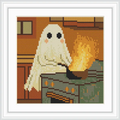 A ghost in a kitchen is standing next to a stove with a pan on fire. It appears to be causing a humorous cooking accident.
