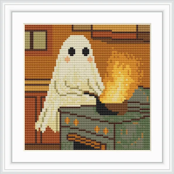 A ghost in a kitchen is standing next to a stove with a pan on fire. It appears to be causing a humorous cooking accident.