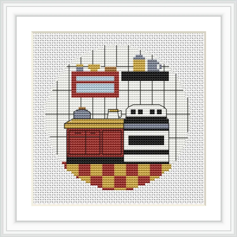 The image depicts a small kitchen area including a stove, red cabinet with countertop, wall shelf with canisters, and a checkered floor.