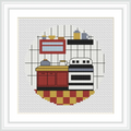 The image depicts a small kitchen area including a stove, red cabinet with countertop, wall shelf with canisters, and a checkered floor.