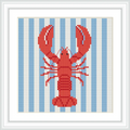 A red lobster centered on a background of vertical blue and white stripes set in a square frame.