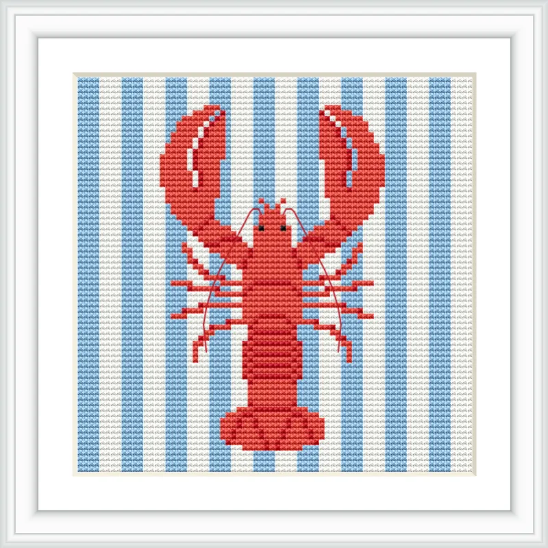 A red lobster centered on a background of vertical blue and white stripes set in a square frame.