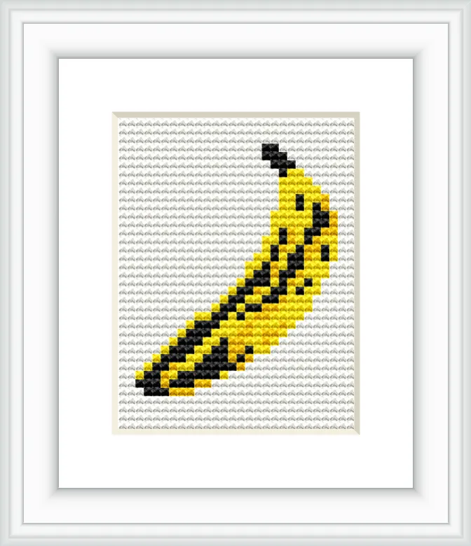 The image features a single banana with bold yellow and black colors, centered on a gray and white gridded background within a white frame.