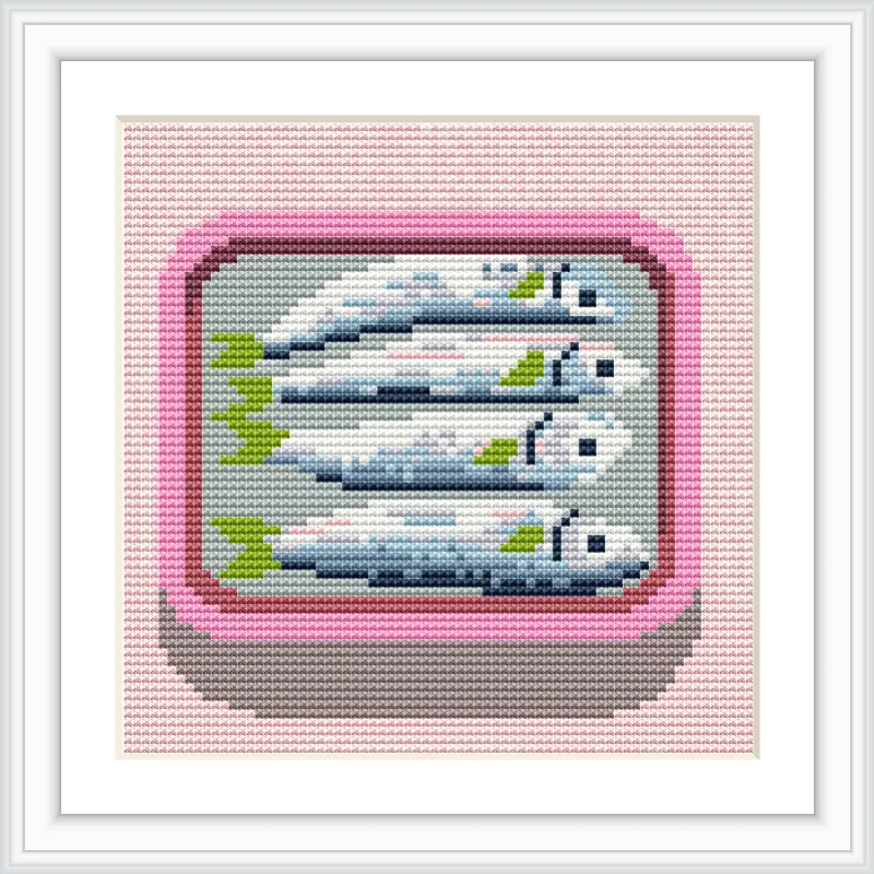 Four sardines are neatly placed inside a pink rectangular box, casting a subtle shadow, set against a pale background.