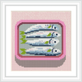 Four sardines are neatly placed inside a pink rectangular box, casting a subtle shadow, set against a pale background.