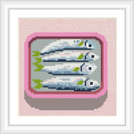 Four sardines are neatly placed inside a pink rectangular box, casting a subtle shadow, set against a pale background.