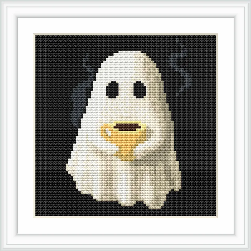 A cute ghost is centered in the design, holding a yellow cup with steam rising, on a black background.