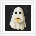 A cute ghost is centered in the design, holding a yellow cup with steam rising, on a black background.