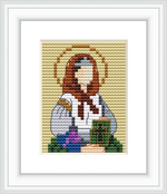 The image depicts a figure of Saint Dymphna, distinguished by a halo above her head. She is holding a book with a cross design, set against a plain background. There are flowers in front of her, adding color to the image.
