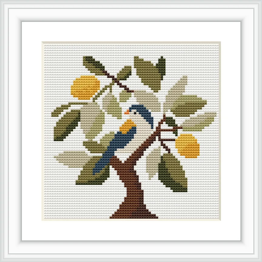 A bird perched on a branch of a tree with citrus fruits. The bird is central, surrounded by leaves and fruits.