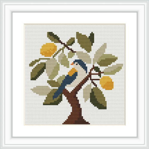 A bird perched on a branch of a tree with citrus fruits. The bird is central, surrounded by leaves and fruits.
