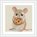 The scene features a cute mouse holding a large chocolate chip cookie. The mouse is positioned centrally in the frame, with a beige background to enhance its features.