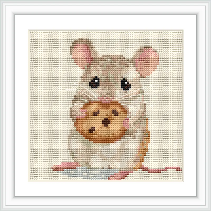 The scene features a cute mouse holding a large chocolate chip cookie. The mouse is positioned centrally in the frame, with a beige background to enhance its features.