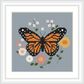 A monarch butterfly is centrally located, surrounded by an array of small, colorful flowers with green stems and leaves against a soft gray background.