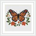 A monarch butterfly is centrally placed with its wings spread. It's surrounded by blooming flowers and green leaves, all set against a simple white background.